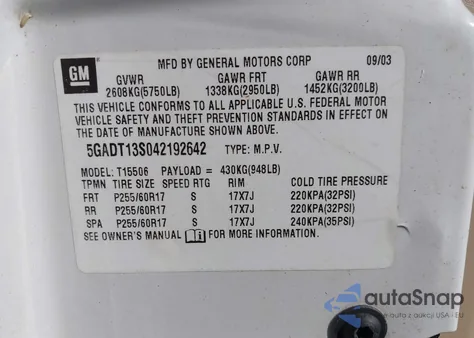 2004 Buick Rainier Cxl z USA, uszkodzony, nr VIN 5GADT13S042192642